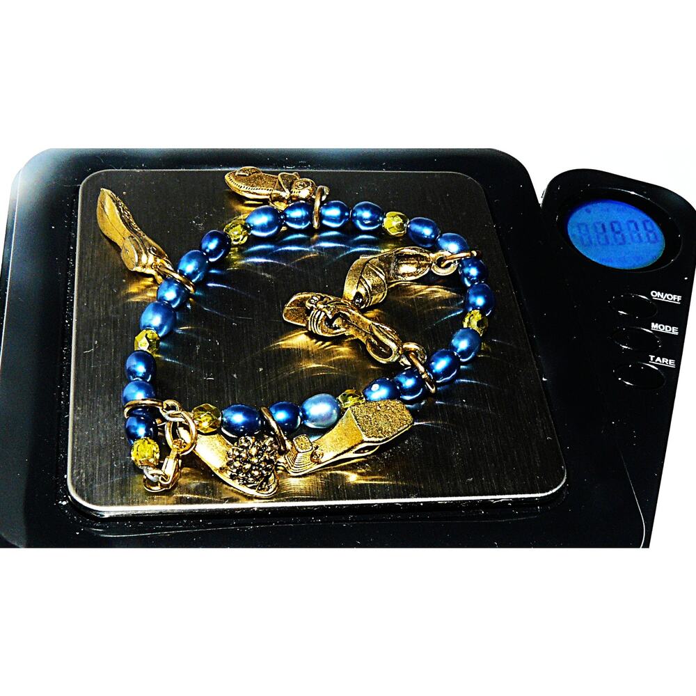 Vtg Designer Signed Blue Freshwater Pearl Shoe Charm Antiqued Gold-Tone Bracelet - Picture 2 of 8